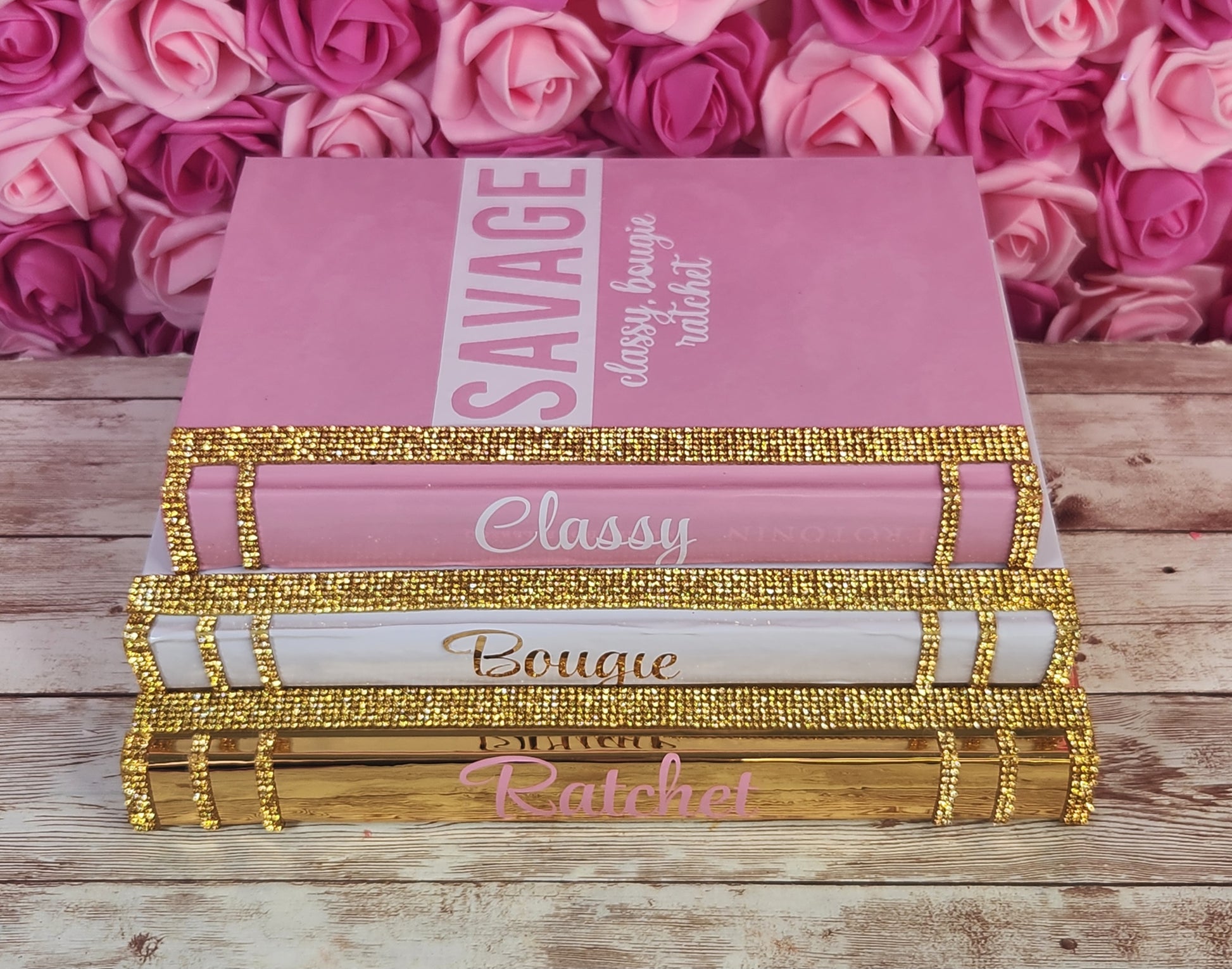 Coffee Table Book Stack (Set of 3). Glam Book Stack. Metallic Gold, White & Pink Books. “Classy, Bougie, Ratchet” Savage. Makeup Room Decor - Glamorous Beauty & Boutique