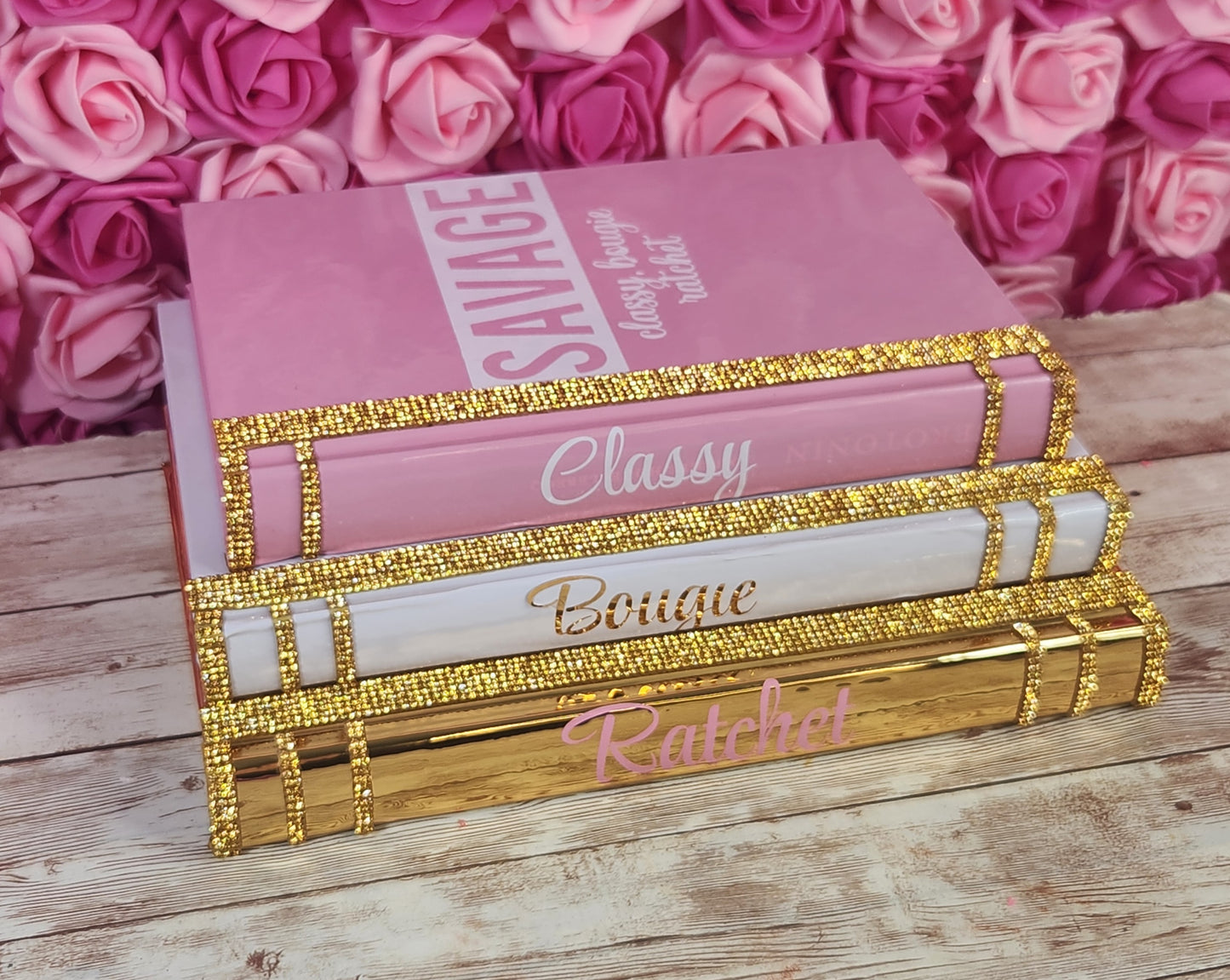 Coffee Table Book Stack (Set of 3). Glam Book Stack. Metallic Gold, White & Pink Books. “Classy, Bougie, Ratchet” Savage. Makeup Room Decor - Glamorous Beauty & Boutique