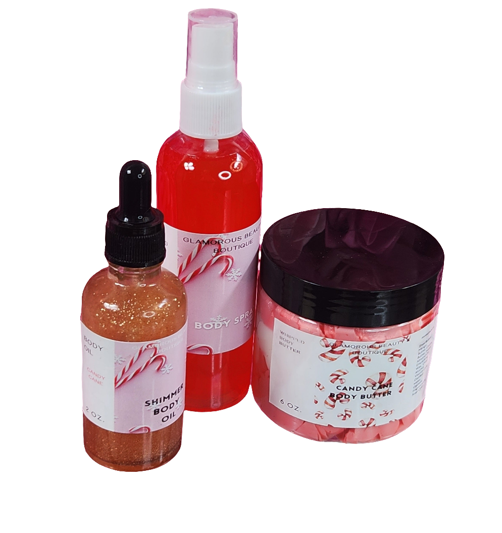 Candy Cane Bath & Body Bundle. Handmade Whipped Body Butter, Shimmer Body Oil and Body Mist. - Glamorous Beauty & Boutique