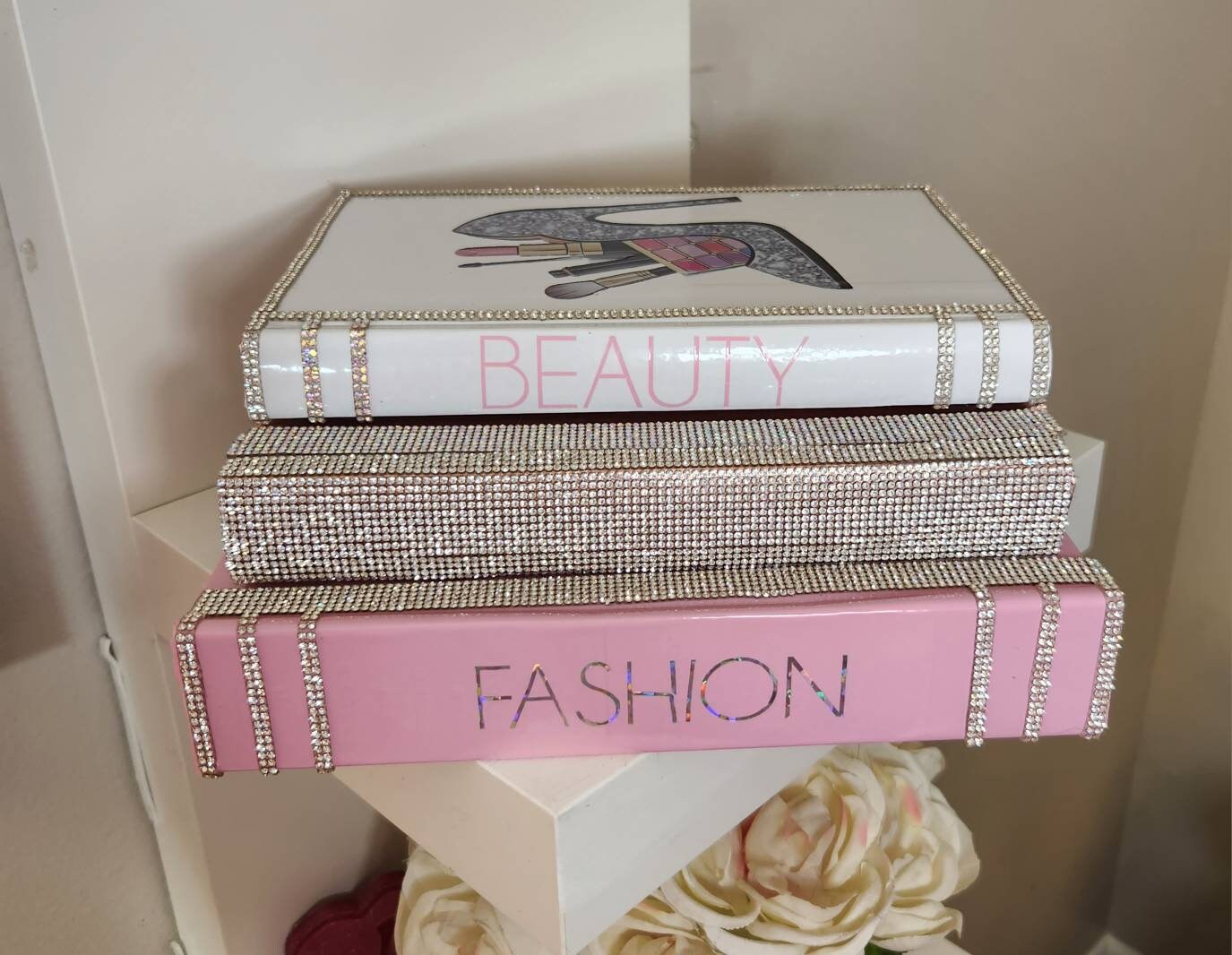 Custom Glam Coffee Table Book Stack (Set of 3). Pink, Rose Gold/Rhinestone & White Books. Glam Home Decor. Makeup Room Decor - Glamorous Beauty & Boutique