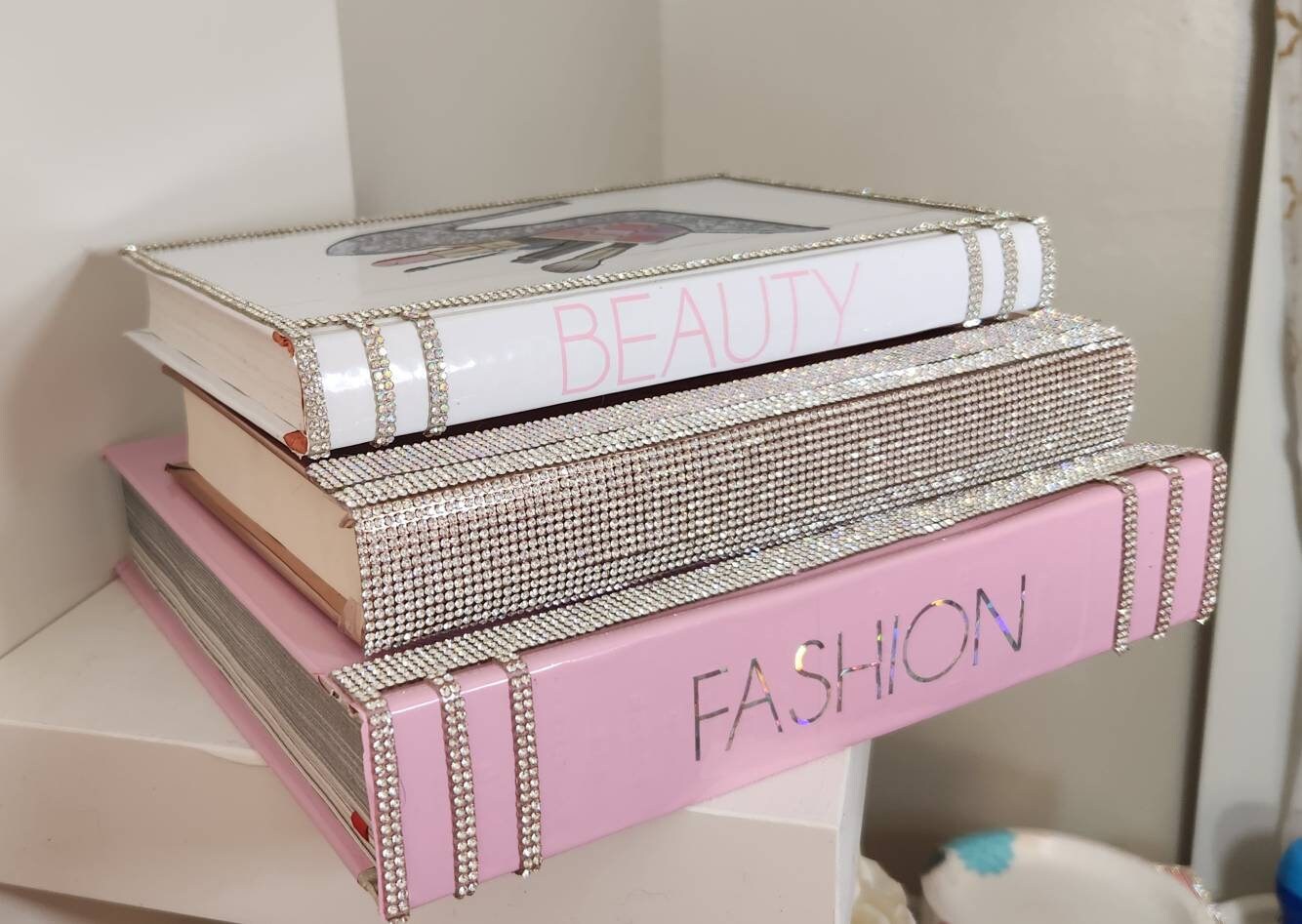 Custom Glam Coffee Table Book Stack (Set of 3). Pink, Rose Gold/Rhinestone & White Books. Glam Home Decor. Makeup Room Decor - Glamorous Beauty & Boutique