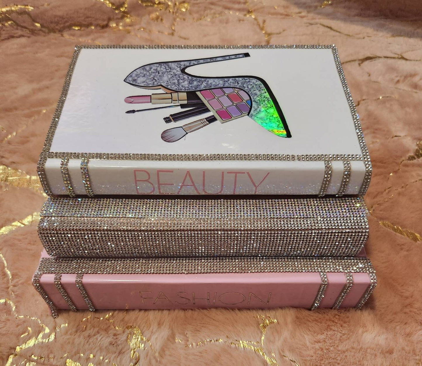 Custom Glam Coffee Table Book Stack (Set of 3). Pink, Rose Gold/Rhinestone & White Books. Glam Home Decor. Makeup Room Decor - Glamorous Beauty & Boutique