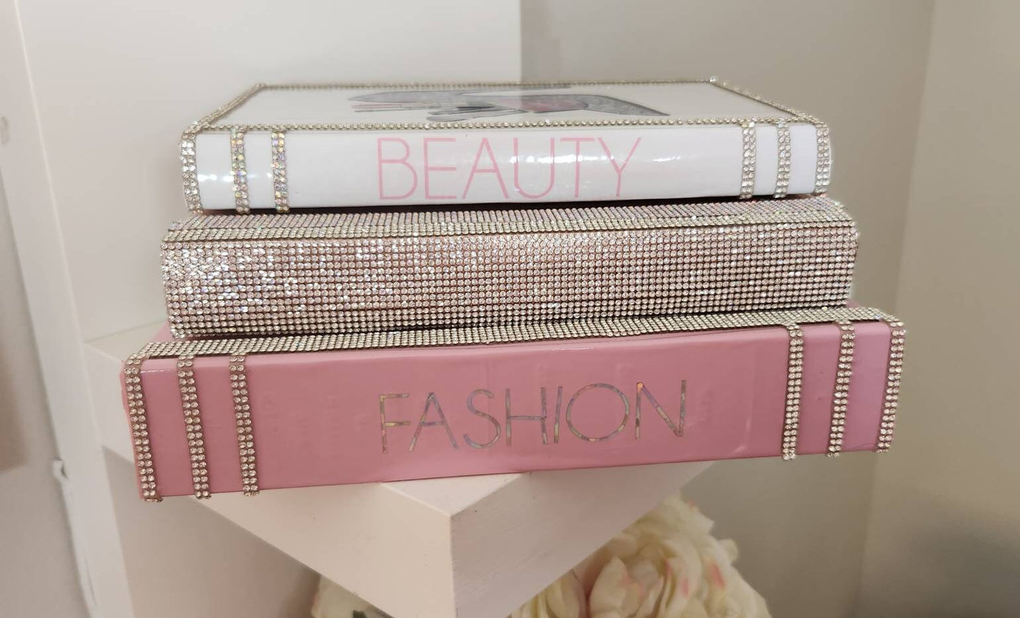 Custom Glam Coffee Table Book Stack (Set of 3). Pink, Rose Gold/Rhinestone & White Books. Glam Home Decor. Makeup Room Decor - Glamorous Beauty & Boutique