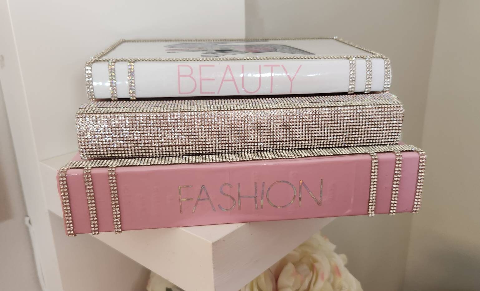 Custom Glam Coffee Table Book Stack (Set of 3). Pink, Rose Gold/Rhinestone & White Books. Glam Home Decor. Makeup Room Decor - Glamorous Beauty & Boutique