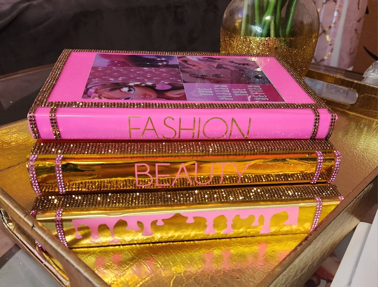 Coffee Table Book Stack (Set of 3). Glam Book Stack. Hot Pink & Metallic Gold Books, Bling Decor, Glam Home Decor. Makeup Room Decor - Glamorous Beauty & Boutique