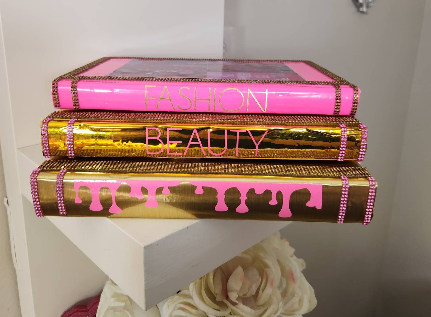 Coffee Table Book Stack (Set of 3). Glam Book Stack. Hot Pink & Metallic Gold Books, Bling Decor, Glam Home Decor. Makeup Room Decor - Glamorous Beauty & Boutique