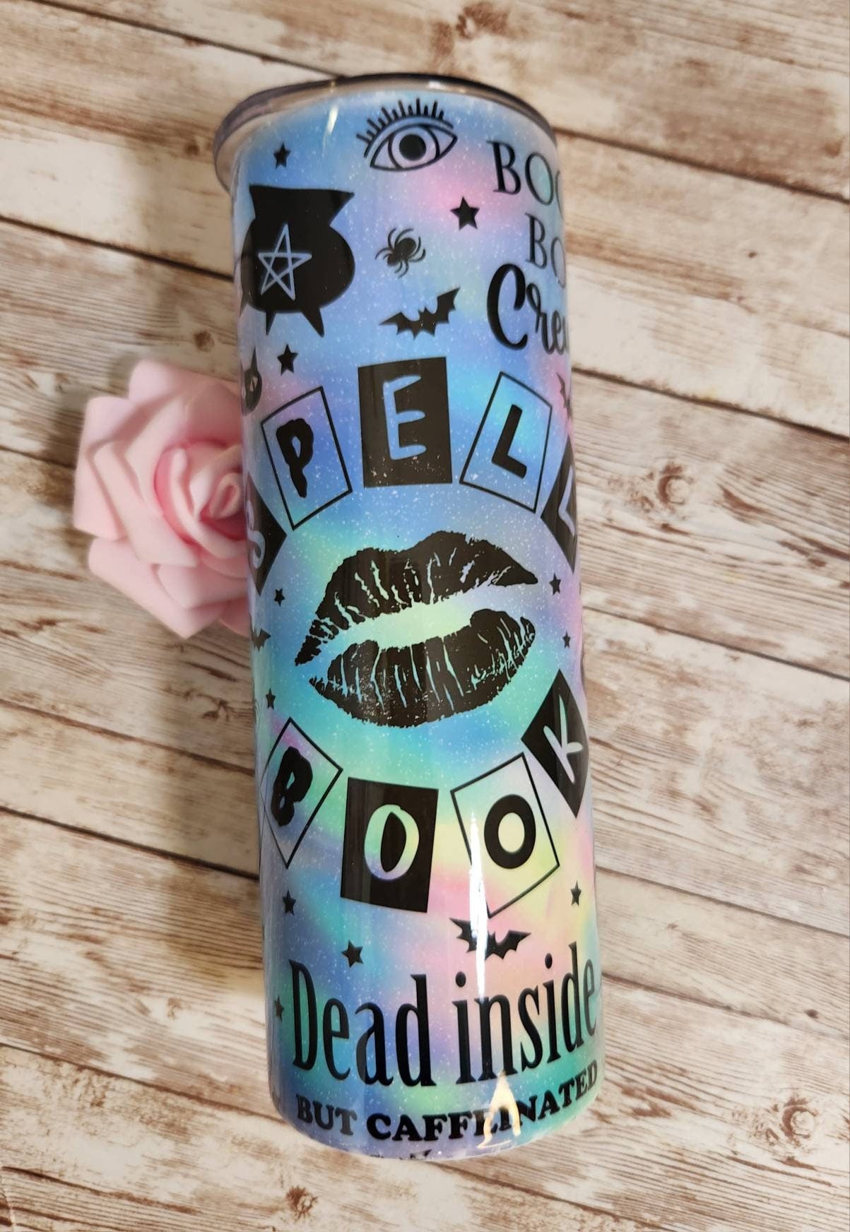 Holographic "Spell Book" Witchy 20 oz Stainless Steel Tumbler. "Dead Inside, But Caffaminated"  Glam Tumbler for Lovers of the Occult! - Glamorous Beauty & Boutique