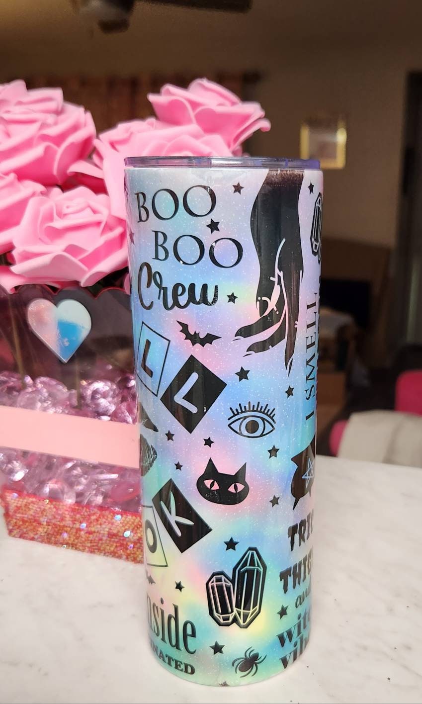 Holographic "Spell Book" Witchy 20 oz Stainless Steel Tumbler. "Dead Inside, But Caffaminated"  Glam Tumbler for Lovers of the Occult! - Glamorous Beauty & Boutique