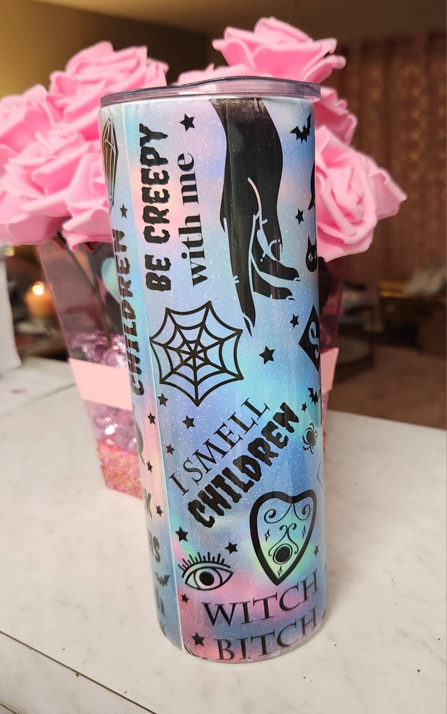 Holographic "Spell Book" Witchy 20 oz Stainless Steel Tumbler. "Dead Inside, But Caffaminated"  Glam Tumbler for Lovers of the Occult! - Glamorous Beauty & Boutique