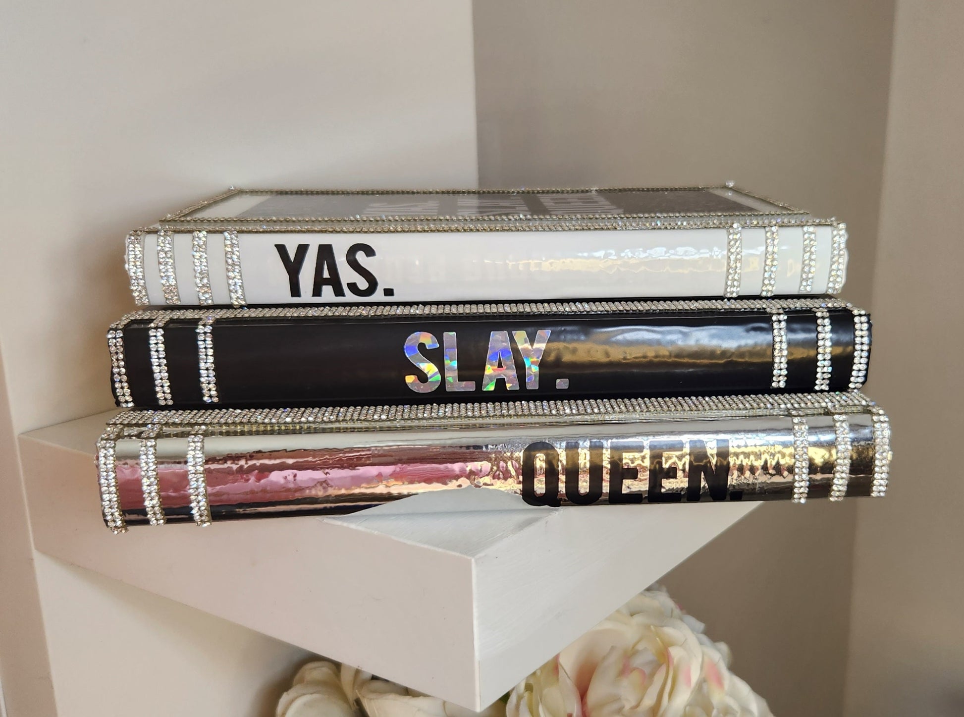 Coffee Table Book Stack (Set of 3). Glam Book Stack. Black, Silver & White Books. Glam Home Decor. Makeup Room Decor - Glamorous Beauty & Boutique