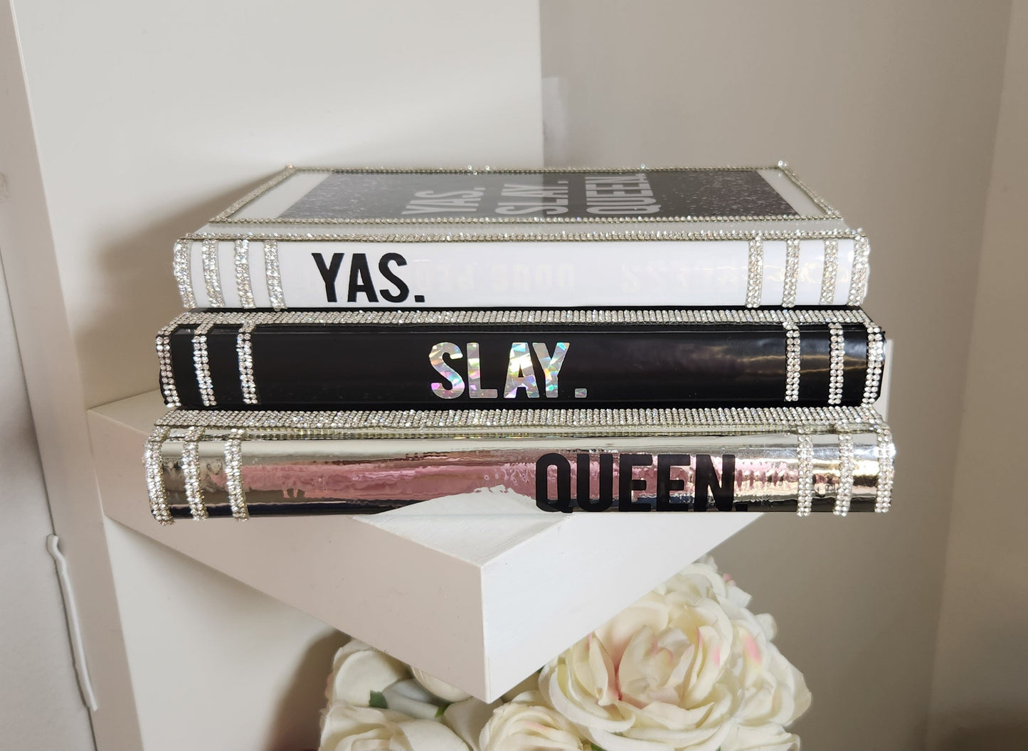 Coffee Table Book Stack (Set of 3). Glam Book Stack. Black, Silver & White Books. Glam Home Decor. Makeup Room Decor - Glamorous Beauty & Boutique