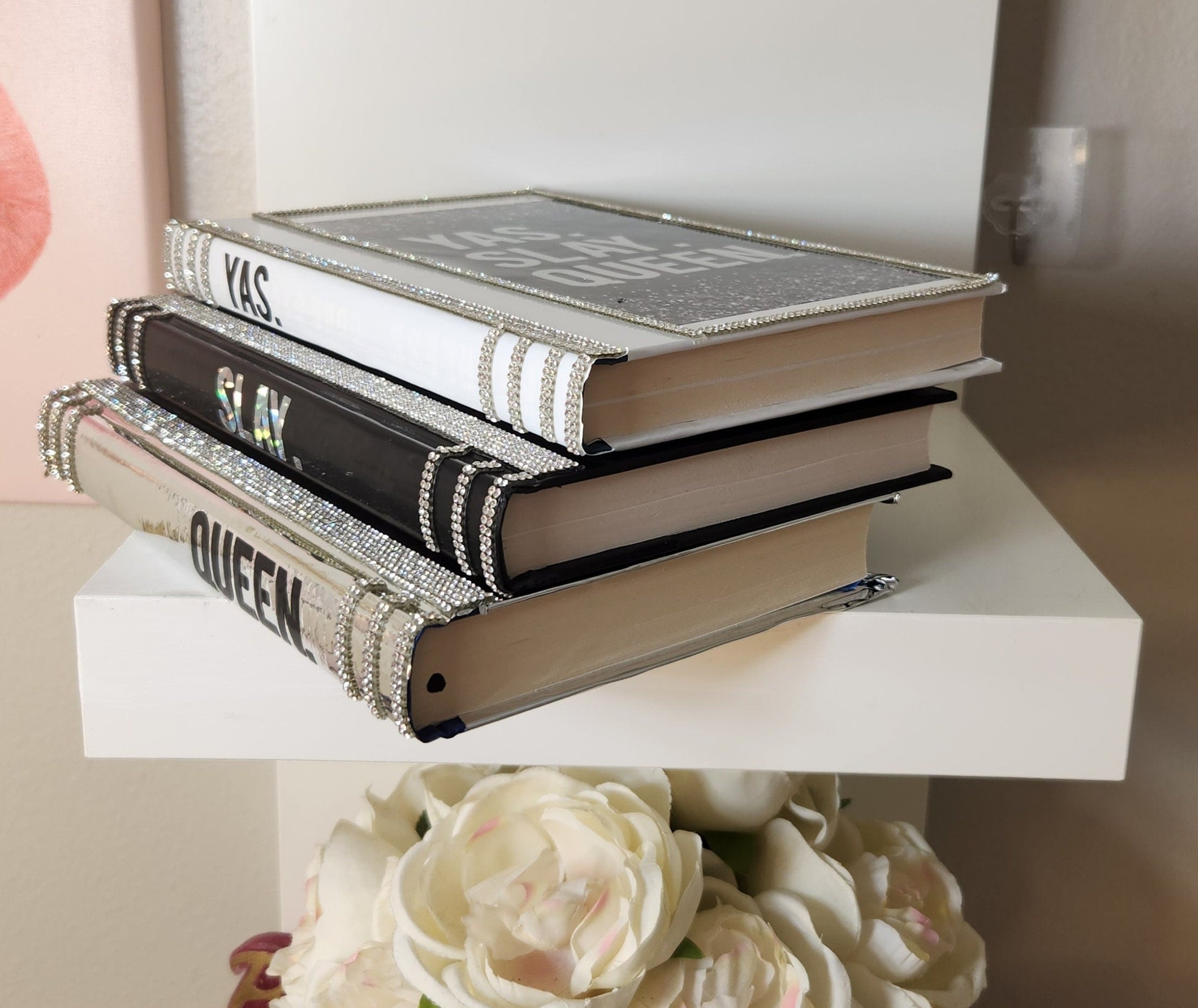 Coffee Table Book Stack (Set of 3). Glam Book Stack. Black, Silver & White Books. Glam Home Decor. Makeup Room Decor - Glamorous Beauty & Boutique