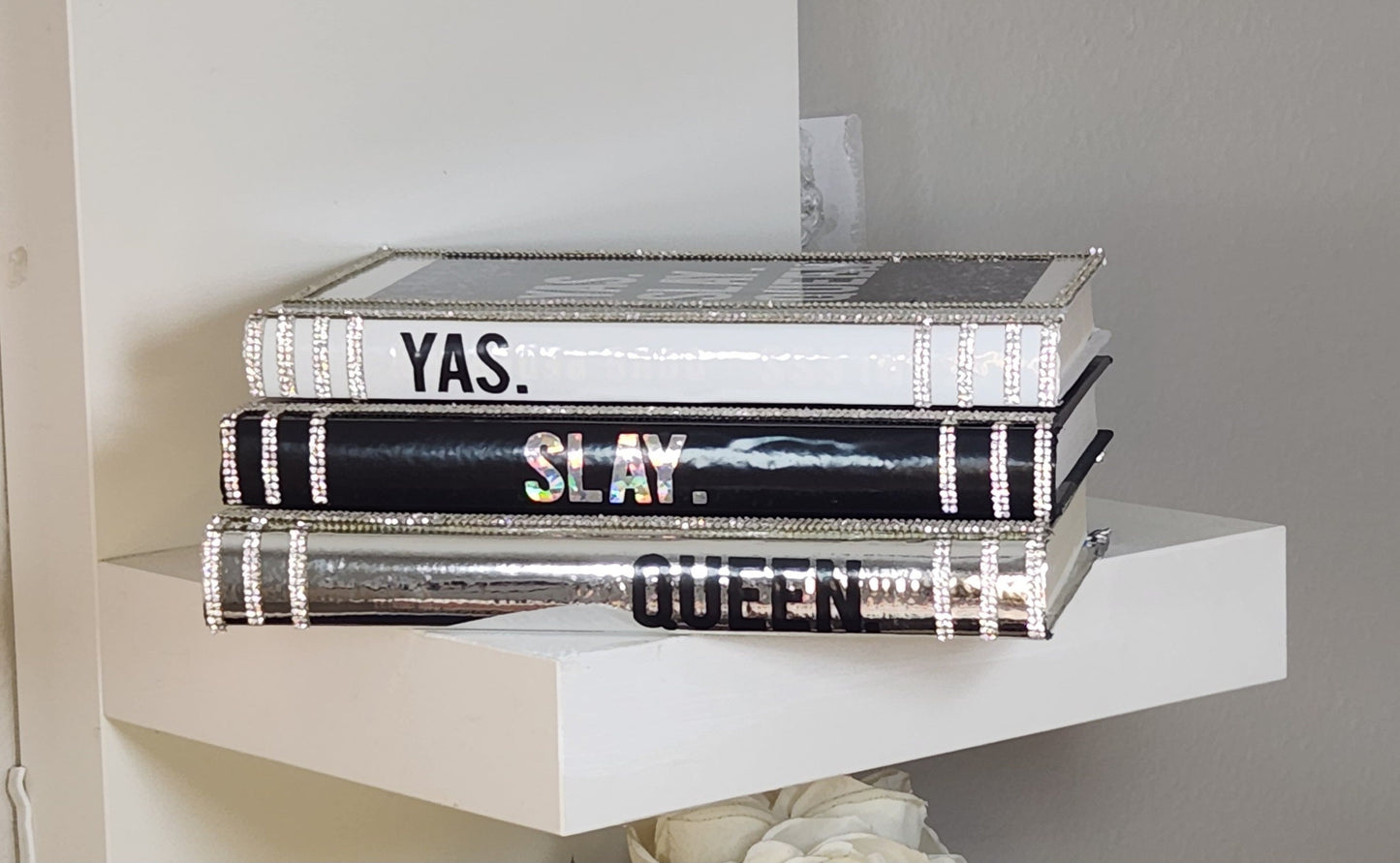 Coffee Table Book Stack (Set of 3). Glam Book Stack. Black, Silver & White Books. Glam Home Decor. Makeup Room Decor - Glamorous Beauty & Boutique