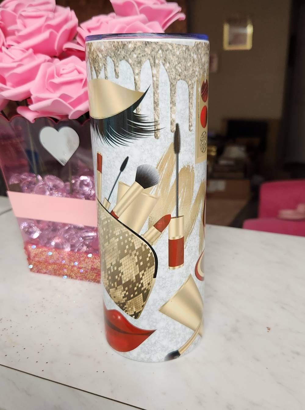 Dripping Gold Glitter and Red Makeup Themed Glam Tumbler for Lovers of the Beauty & Makeup! - Glamorous Beauty & Boutique