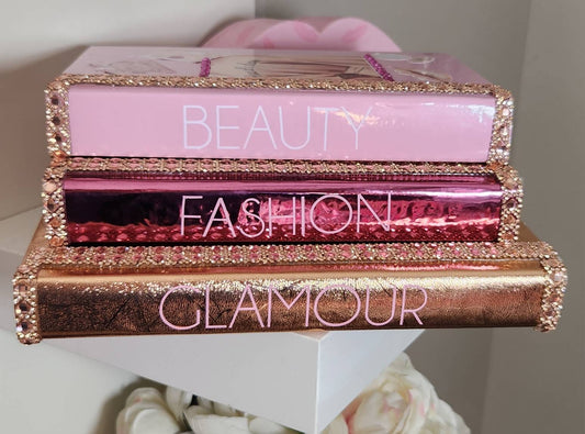 Glam Book Stack (Set of 3). Custom Coffee Table Decor. Pink, Rose Gold & Metallic Pink Books, Bling Decor, Glam Decor. Makeup Room Decor - Glamorous Beauty & Boutique