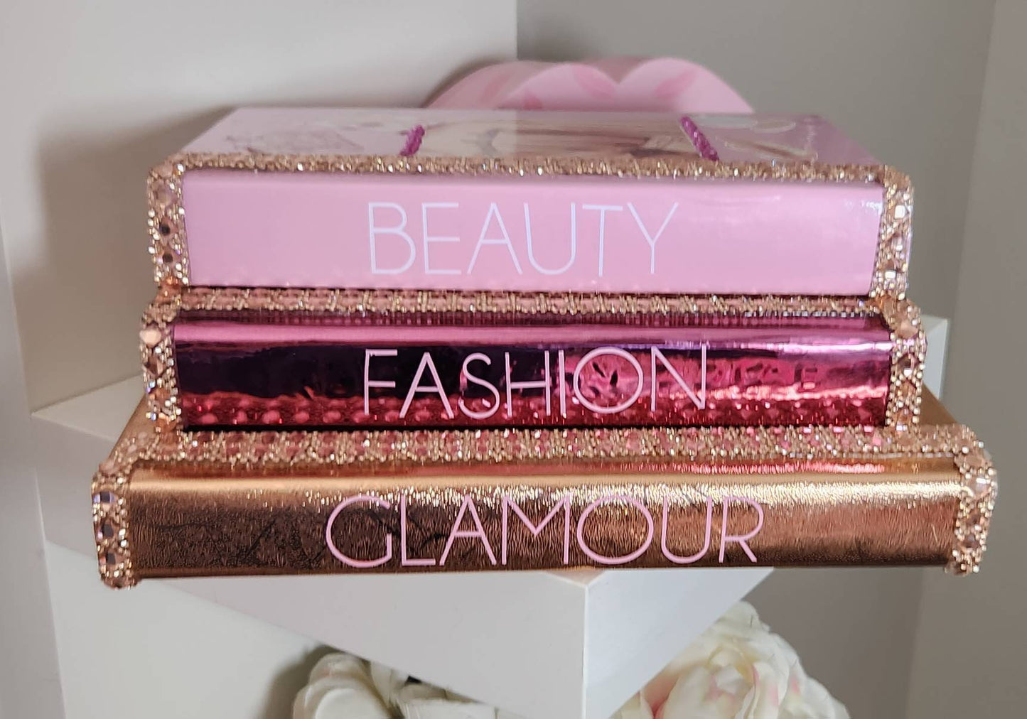 Glam Book Stack (Set of 3). Custom Coffee Table Decor. Pink, Rose Gold & Metallic Pink Books, Bling Decor, Glam Decor. Makeup Room Decor - Glamorous Beauty & Boutique