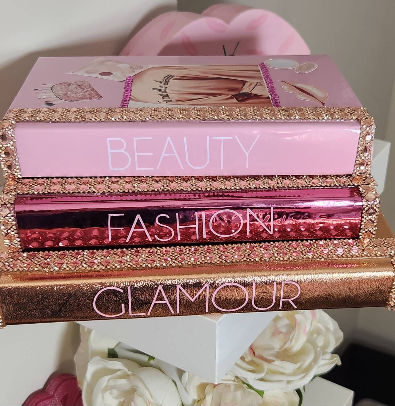 Glam Book Stack (Set of 3). Custom Coffee Table Decor. Pink, Rose Gold & Metallic Pink Books, Bling Decor, Glam Decor. Makeup Room Decor - Glamorous Beauty & Boutique