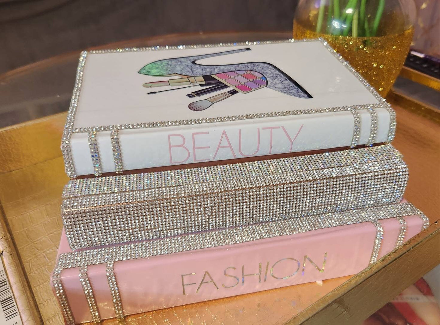 Custom Glam Coffee Table Book Stack (Set of 3). Pink, Rose Gold/Rhinestone & White Books. Glam Home Decor. Makeup Room Decor - Glamorous Beauty & Boutique