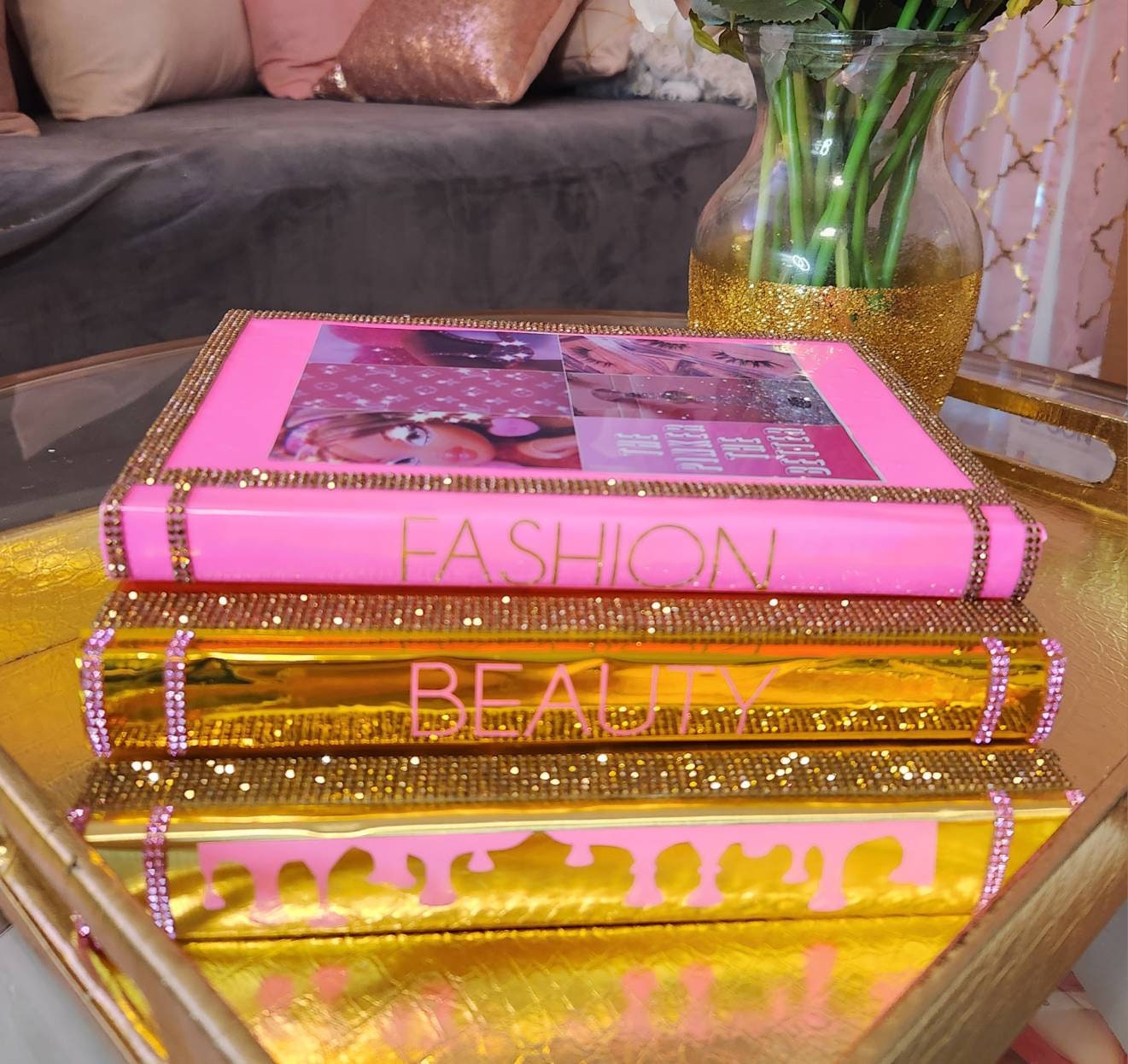 Pink book stack, glam book stack, glam Decor, coffee table decor, decorative books, fashion book stack, silver book stack, handmade book stack, pink decor, bling books, makeup Room Decor, boss babe book stack, girl boss