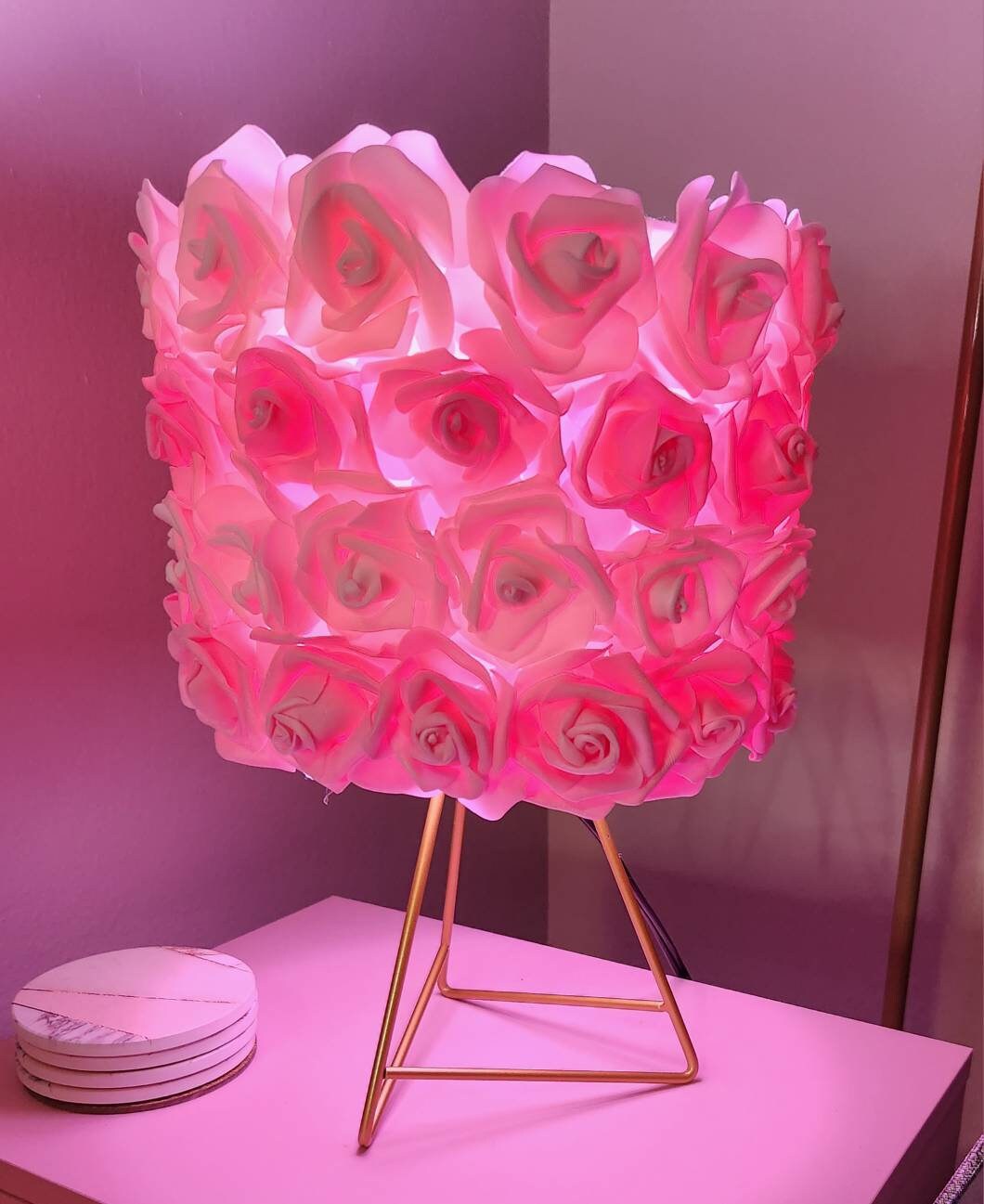 Pink & Light Pink Rose and Gold Table Lamp. Glam Home Decor. Rose Lamp. - Glamorous Beauty & Boutique