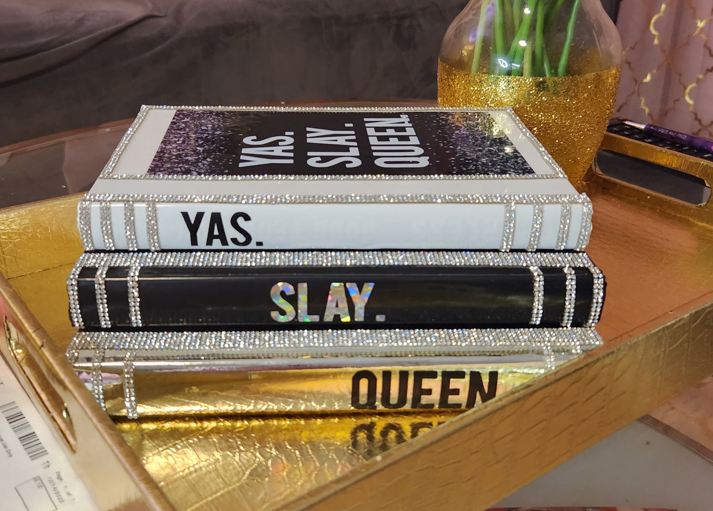 Coffee Table Book Stack (Set of 3). Glam Book Stack. Black, Silver & White Books. Glam Home Decor. Makeup Room Decor - Glamorous Beauty & Boutique