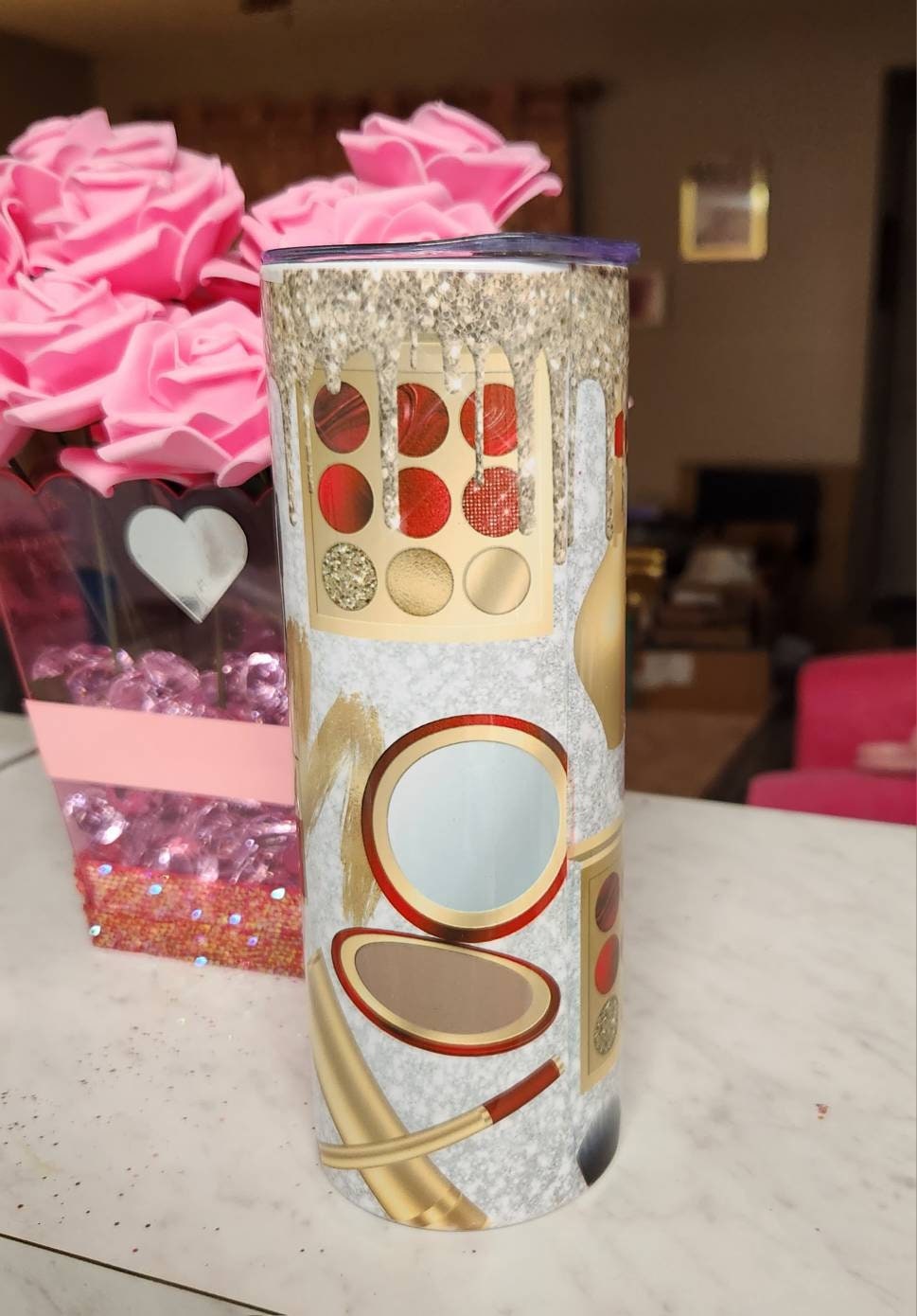 Dripping Gold Glitter and Red Makeup Themed Glam Tumbler for Lovers of the Beauty & Makeup! - Glamorous Beauty & Boutique