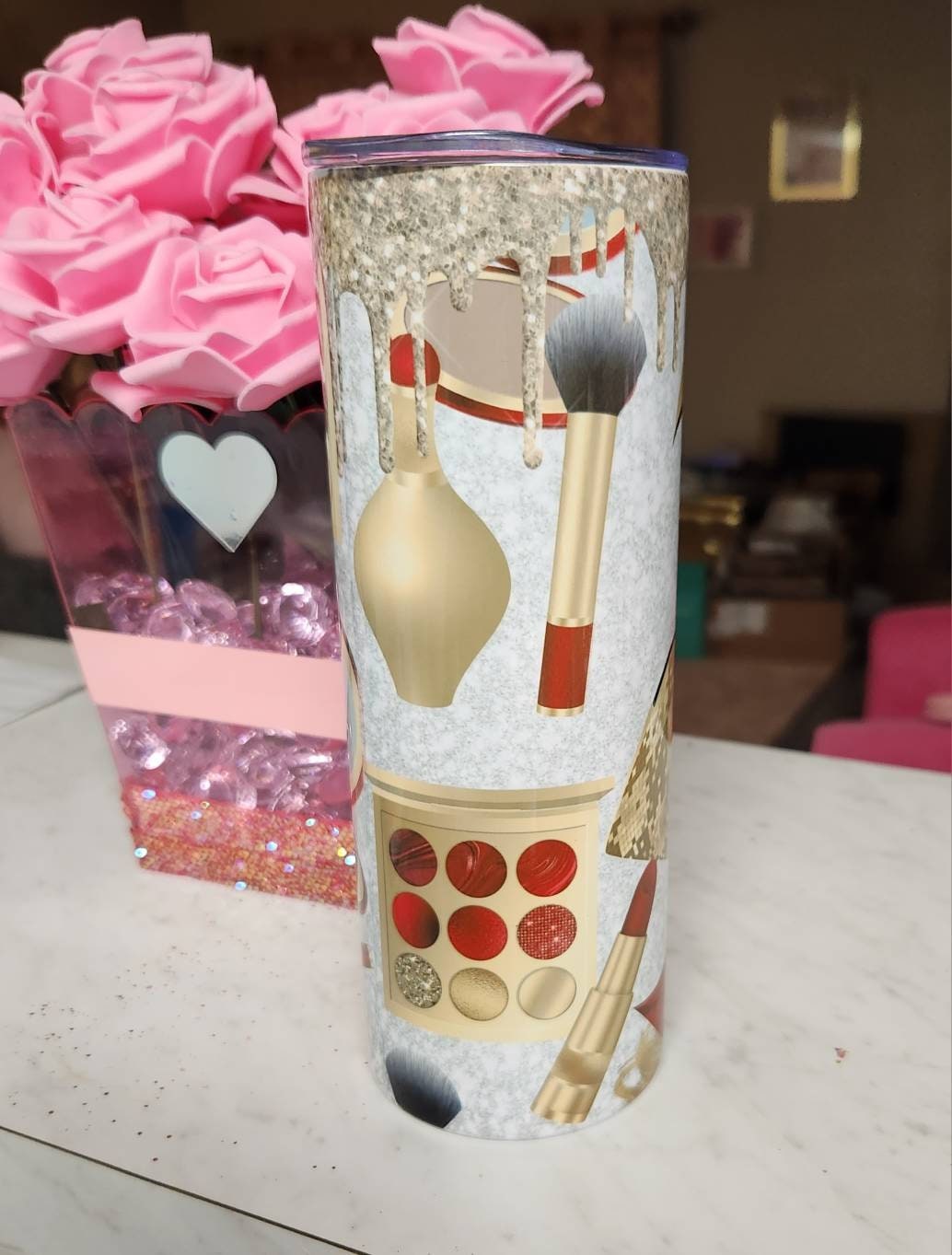 Dripping Gold Glitter and Red Makeup Themed Glam Tumbler for Lovers of the Beauty & Makeup! - Glamorous Beauty & Boutique