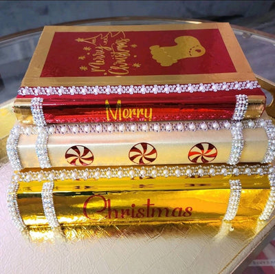 Holiday Book Stack (Set of 3). Christmas Coffee Table Decor. Metallic Gold, Gold Glitter & Metallic Red Books. Christmas Home Decor. - Glamorous Beauty & Boutique