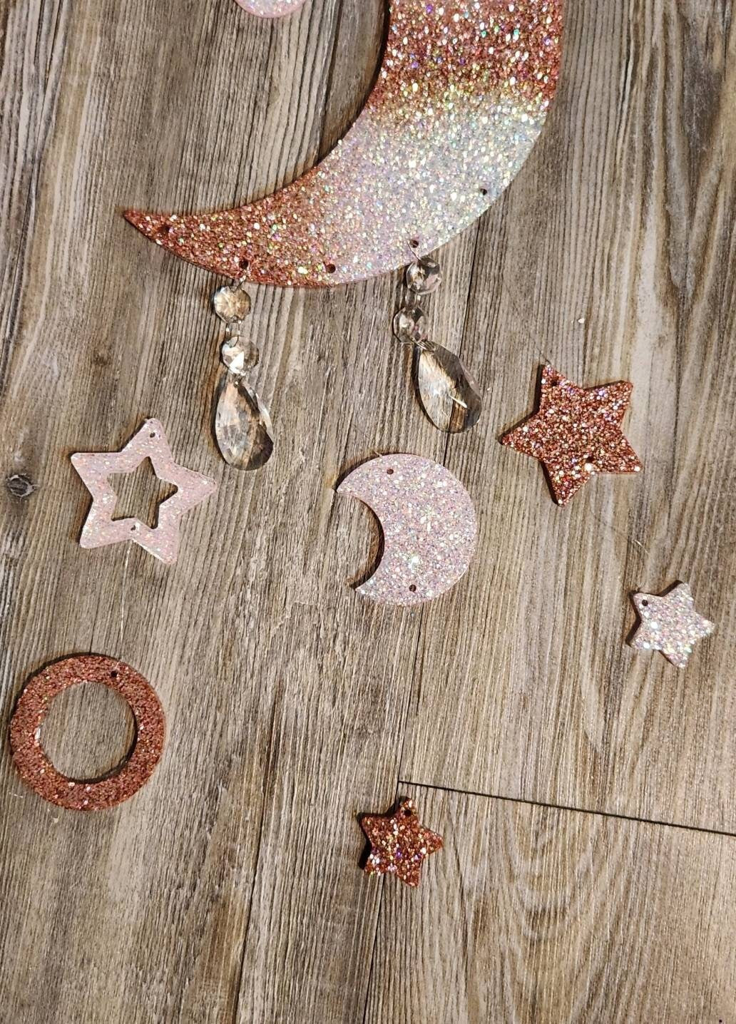 Moon & Stars Rose Gold, Pink and Opal Resin Mobile. Celestial Glitter Wind Chime. Glam Home Decor - Glamorous Beauty & Boutique