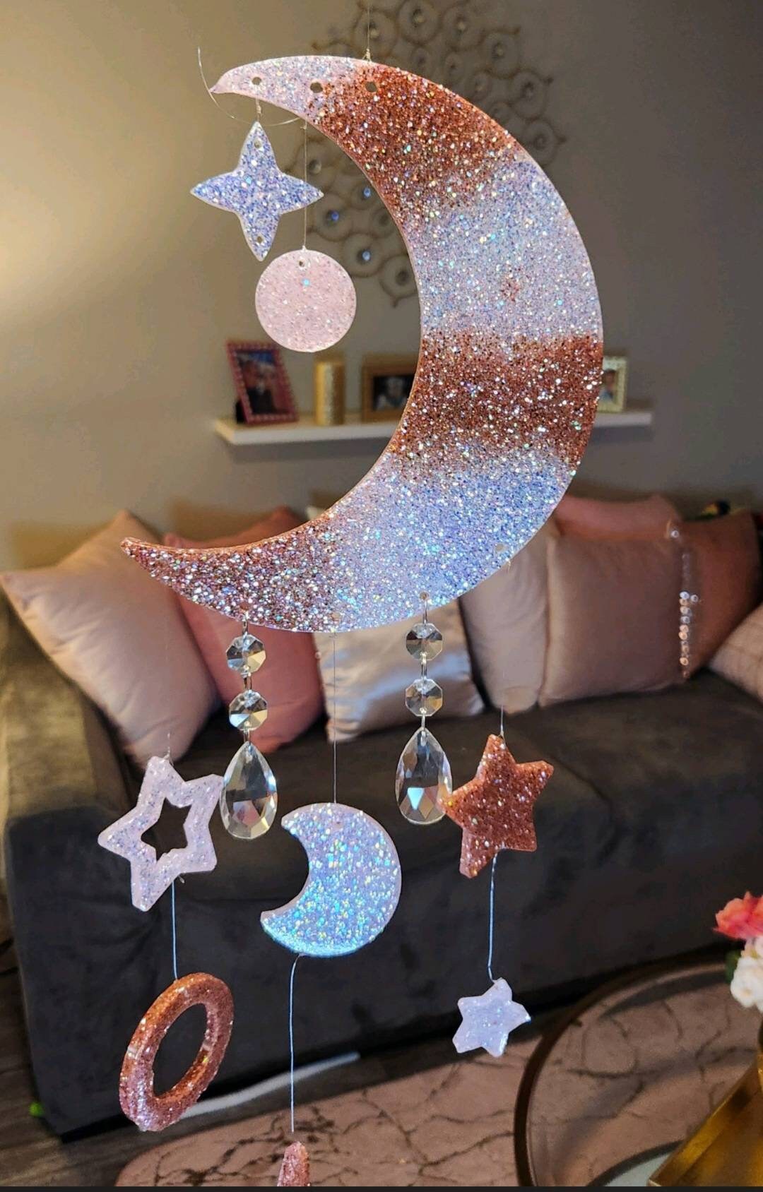 Moon & Stars Rose Gold, Pink and Opal Resin Mobile. Celestial Glitter Wind Chime. Glam Home Decor - Glamorous Beauty & Boutique