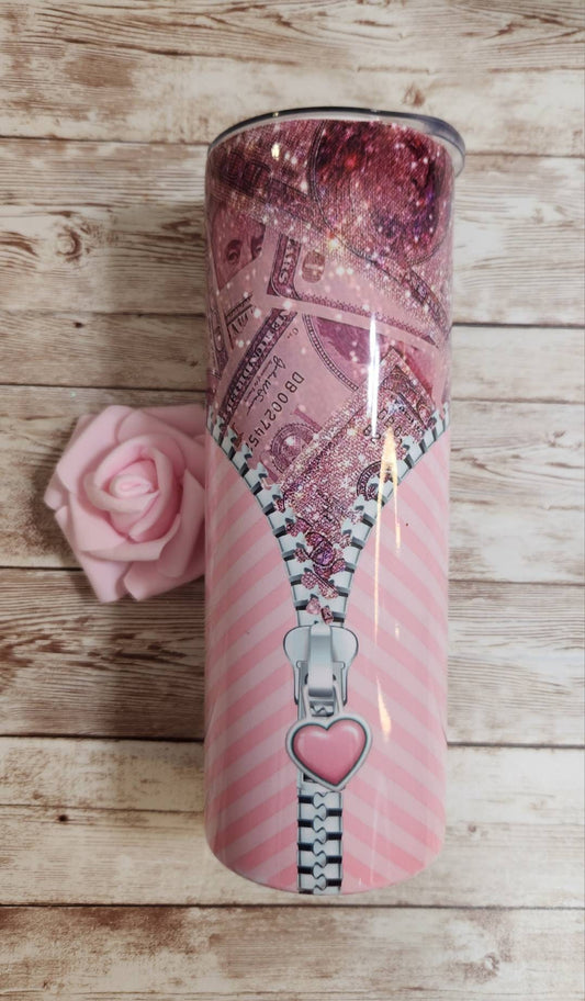 Pink & White Zipper Glam Stainless Steel Tumbler for Coffee Lovers! Skinny 20 oz Tumbler - Glamorous Beauty & Boutique