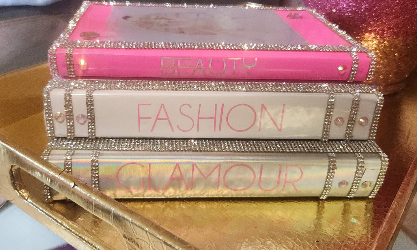 Pink book stack, glam book stack, glam Decor, coffee table decor, decorative books, fashion book stack, silver book stack, handmade book stack, pink decor, bling books, makeup Room Decor 