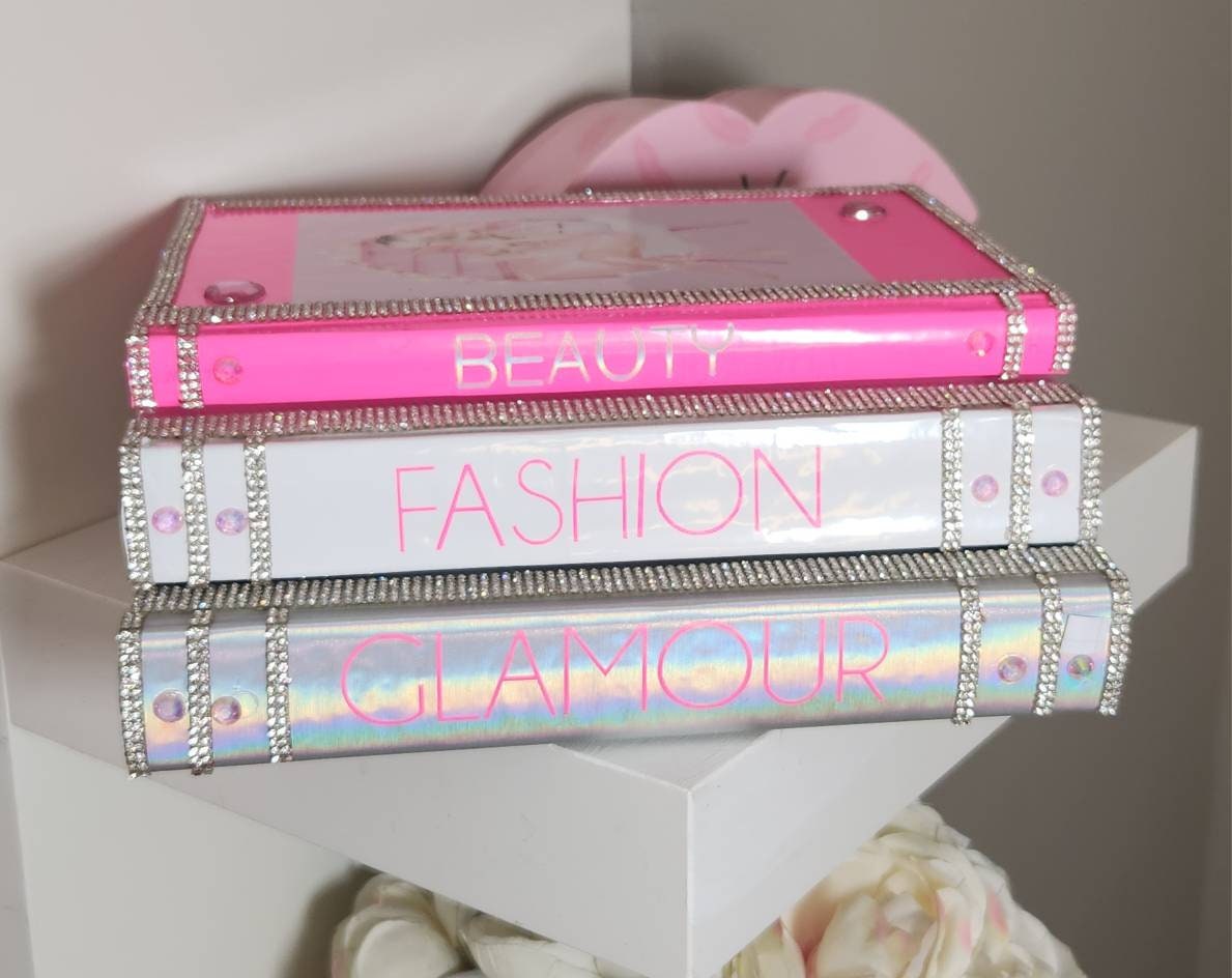 Pink book stack, glam book stack, glam Decor, coffee table decor, decorative books, fashion book stack, silver book stack, handmade book stack, pink decor, bling books, makeup Room Decor 