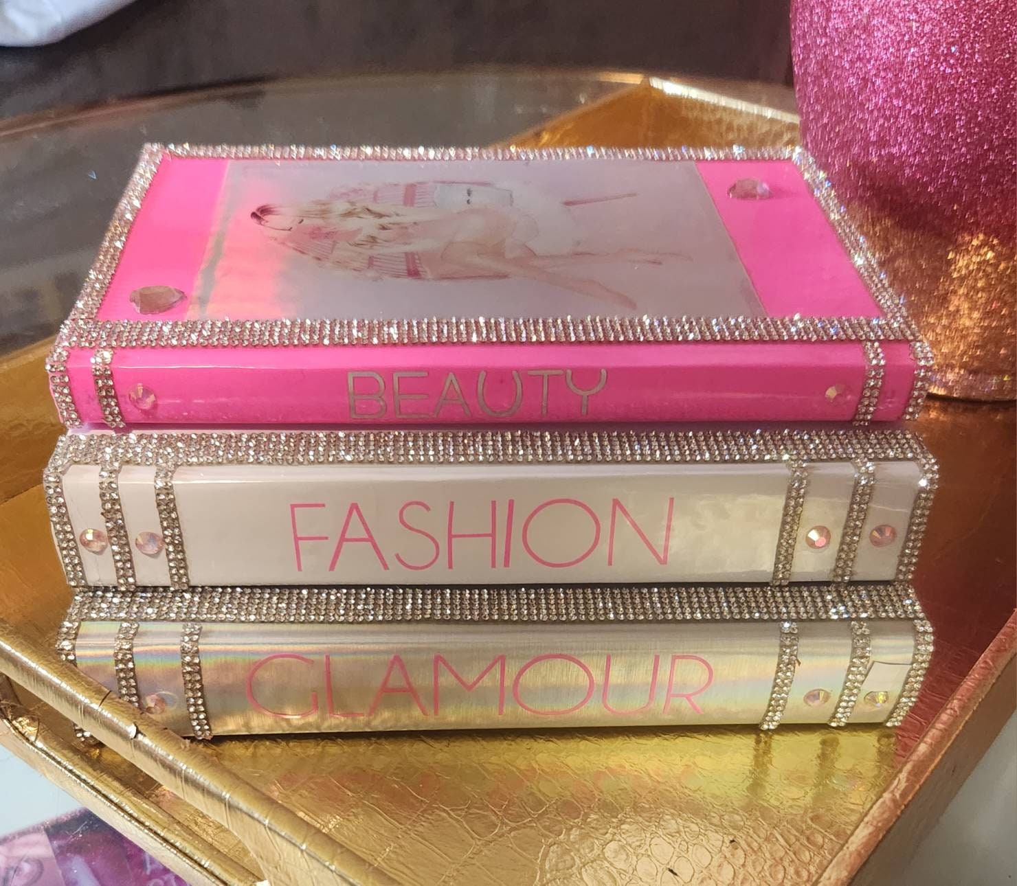 Glam Book Stack (Set of 3). Custom Coffee Table Decor. Pink, Holographic Silver & White Books, Bling Decor, Glam Decor. Makeup Room Decor - Glamorous Beauty & Boutique