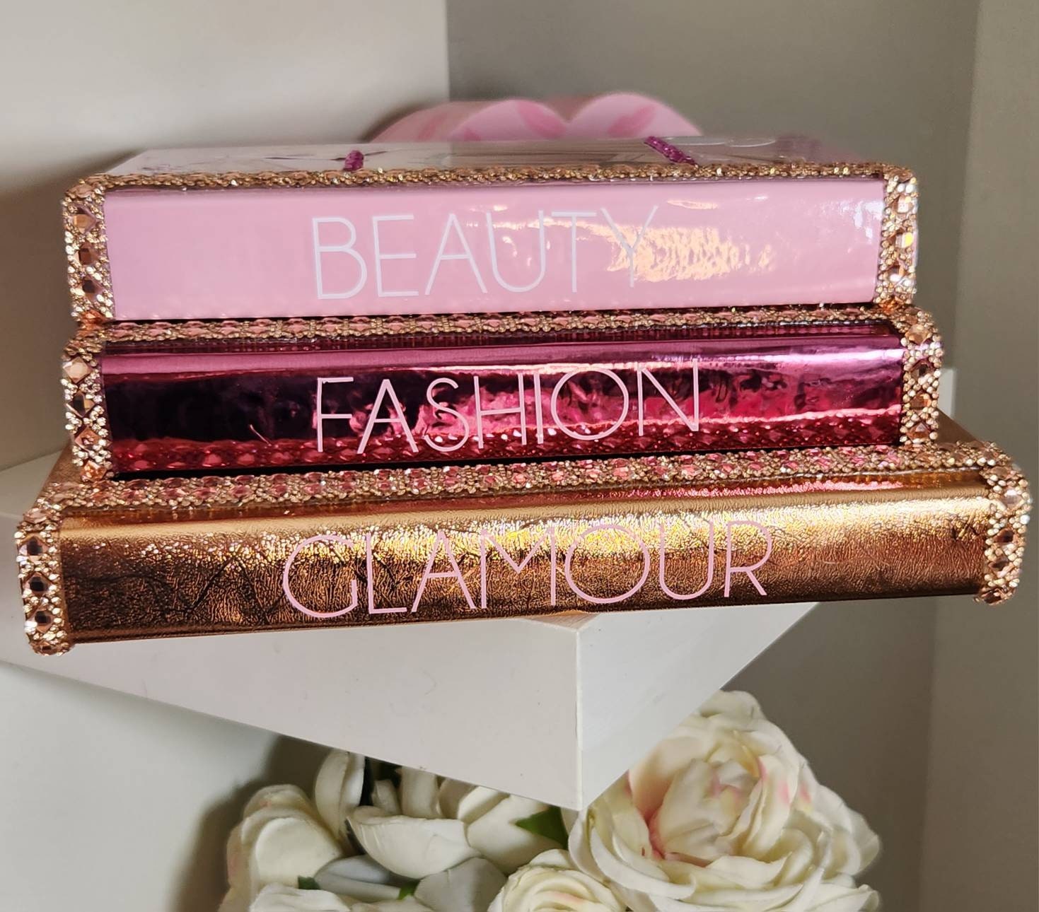 Glam Book Stack (Set of 3). Custom Coffee Table Decor. Pink, Rose Gold & Metallic Pink Books, Bling Decor, Glam Decor. Makeup Room Decor - Glamorous Beauty & Boutique