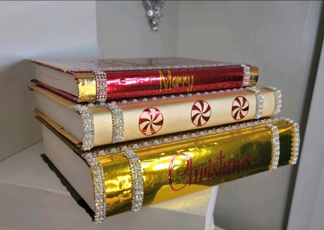 Holiday Book Stack (Set of 3). Christmas Coffee Table Decor. Metallic Gold, Gold Glitter & Metallic Red Books. Christmas Home Decor. - Glamorous Beauty & Boutique