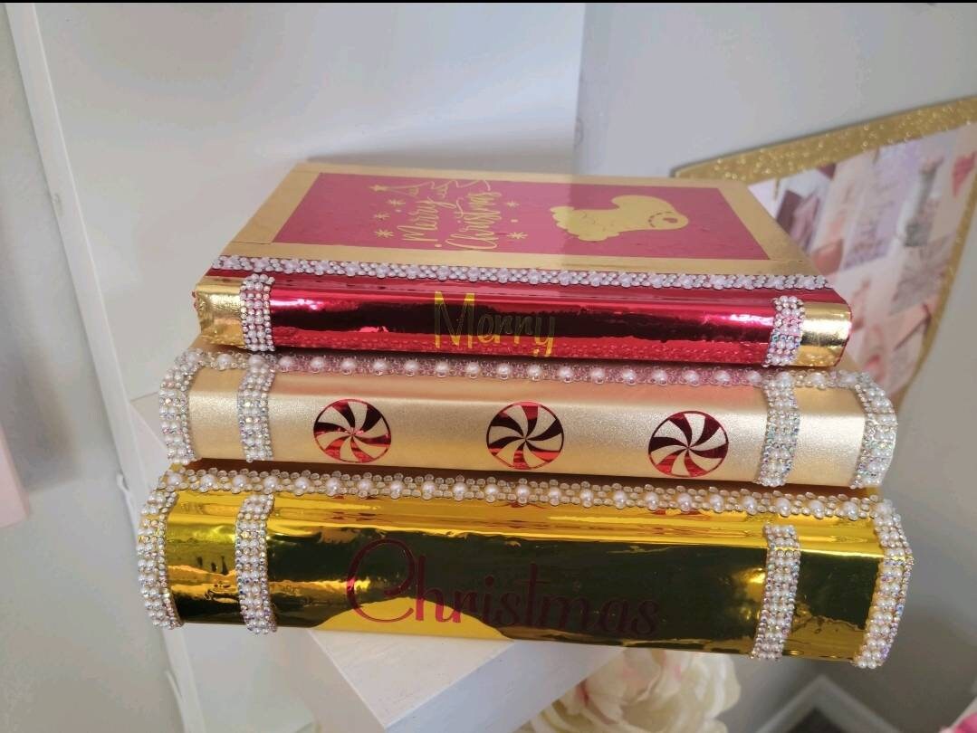 Holiday Book Stack (Set of 3). Christmas Coffee Table Decor. Metallic Gold, Gold Glitter & Metallic Red Books. Christmas Home Decor. - Glamorous Beauty & Boutique