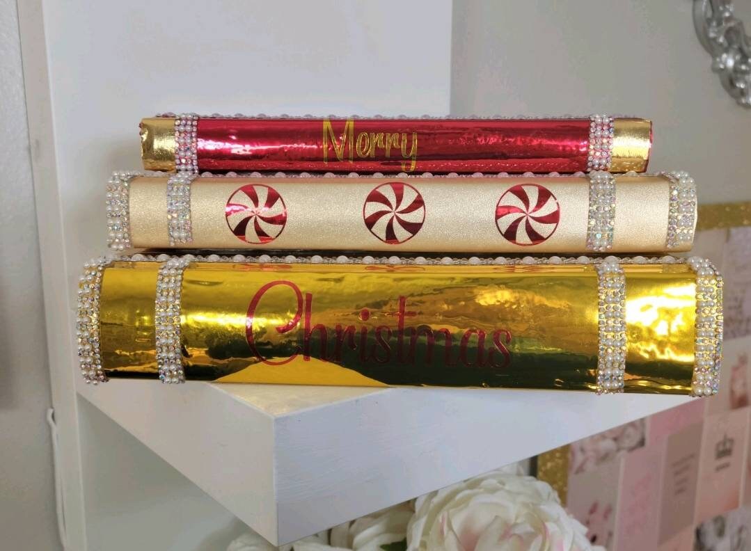 Holiday Book Stack (Set of 3). Christmas Coffee Table Decor. Metallic Gold, Gold Glitter & Metallic Red Books. Christmas Home Decor. - Glamorous Beauty & Boutique