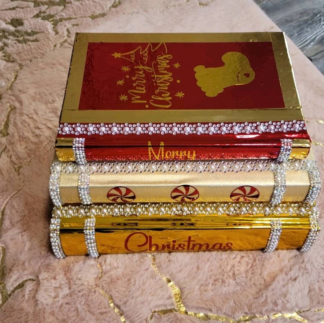 Holiday Book Stack (Set of 3). Christmas Coffee Table Decor. Metallic Gold, Gold Glitter & Metallic Red Books. Christmas Home Decor. - Glamorous Beauty & Boutique