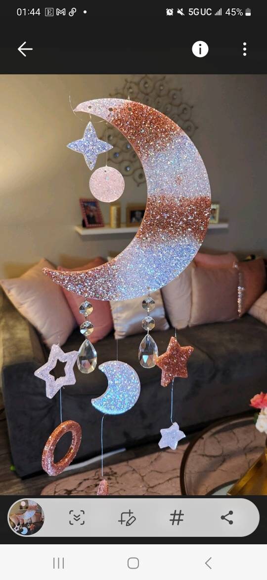 Moon & Stars Rose Gold, Pink and Opal Resin Mobile. Celestial Glitter Wind Chime. Glam Home Decor - Glamorous Beauty & Boutique