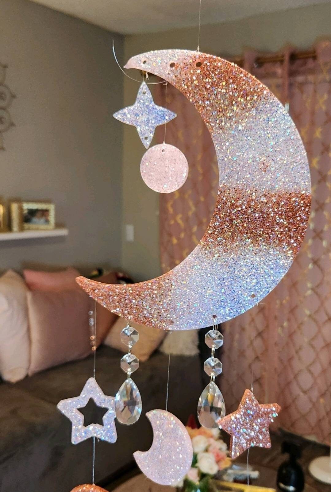 Moon & Stars Rose Gold, Pink and Opal Resin Mobile. Celestial Glitter Wind Chime. Glam Home Decor - Glamorous Beauty & Boutique