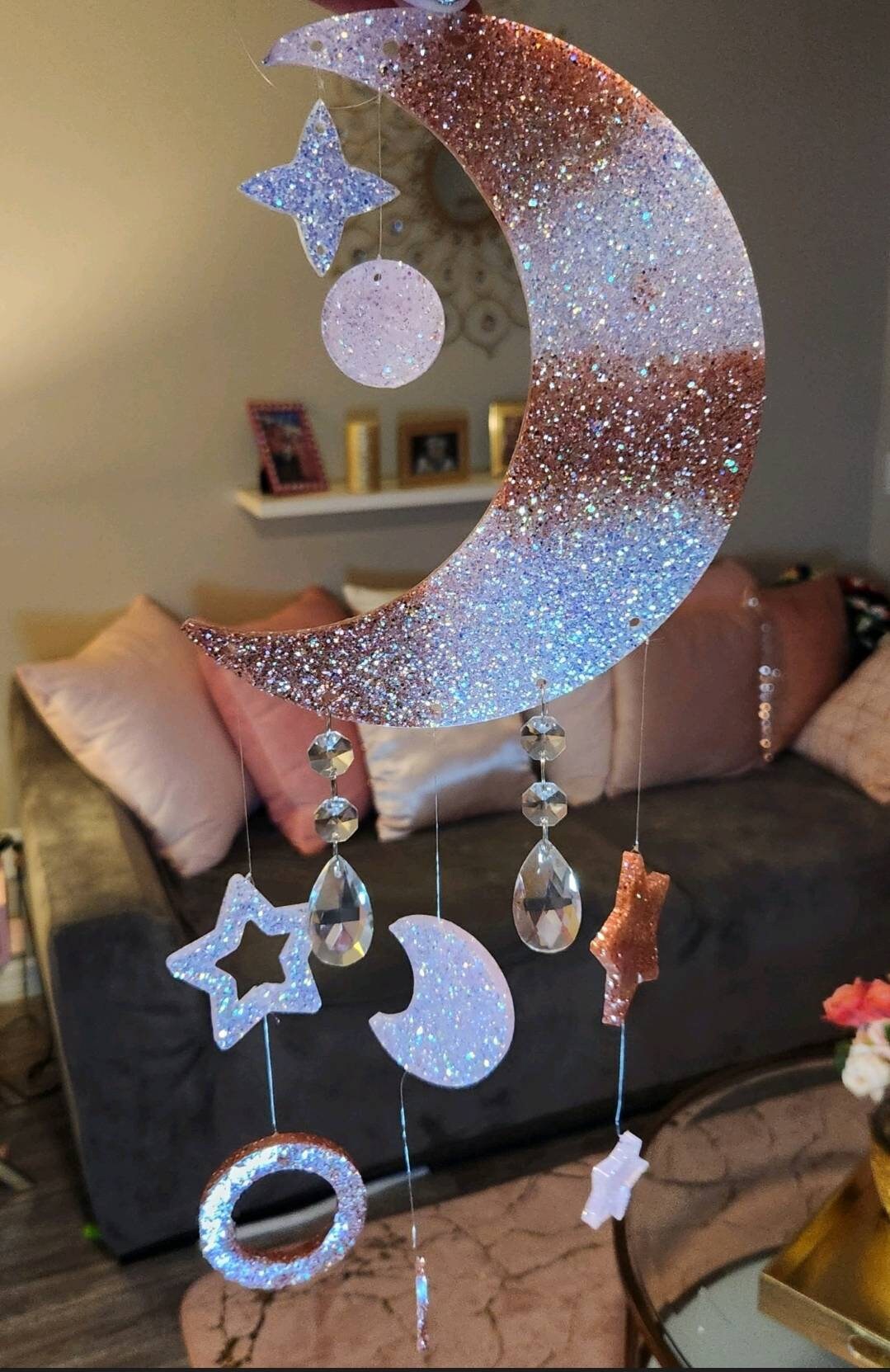 Moon & Stars Rose Gold, Pink and Opal Resin Mobile. Celestial Glitter Wind Chime. Glam Home Decor - Glamorous Beauty & Boutique