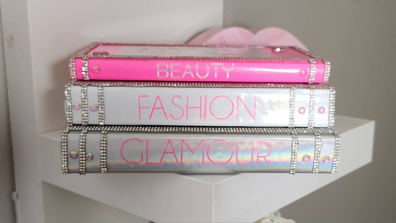 Pink book stack, glam book stack, glam Decor, coffee table decor, decorative books, fashion book stack, silver book stack, handmade book stack, pink decor, bling books, makeup Room Decor 