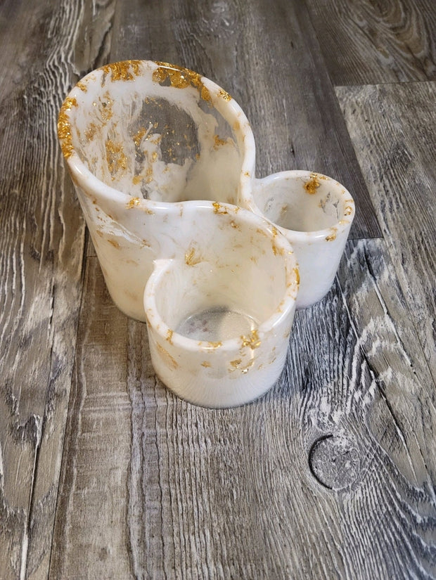 White & Gold Foil 3 Section Resin Makeup Brush Holder. Makeup Organizer - Glamorous Beauty & Boutique