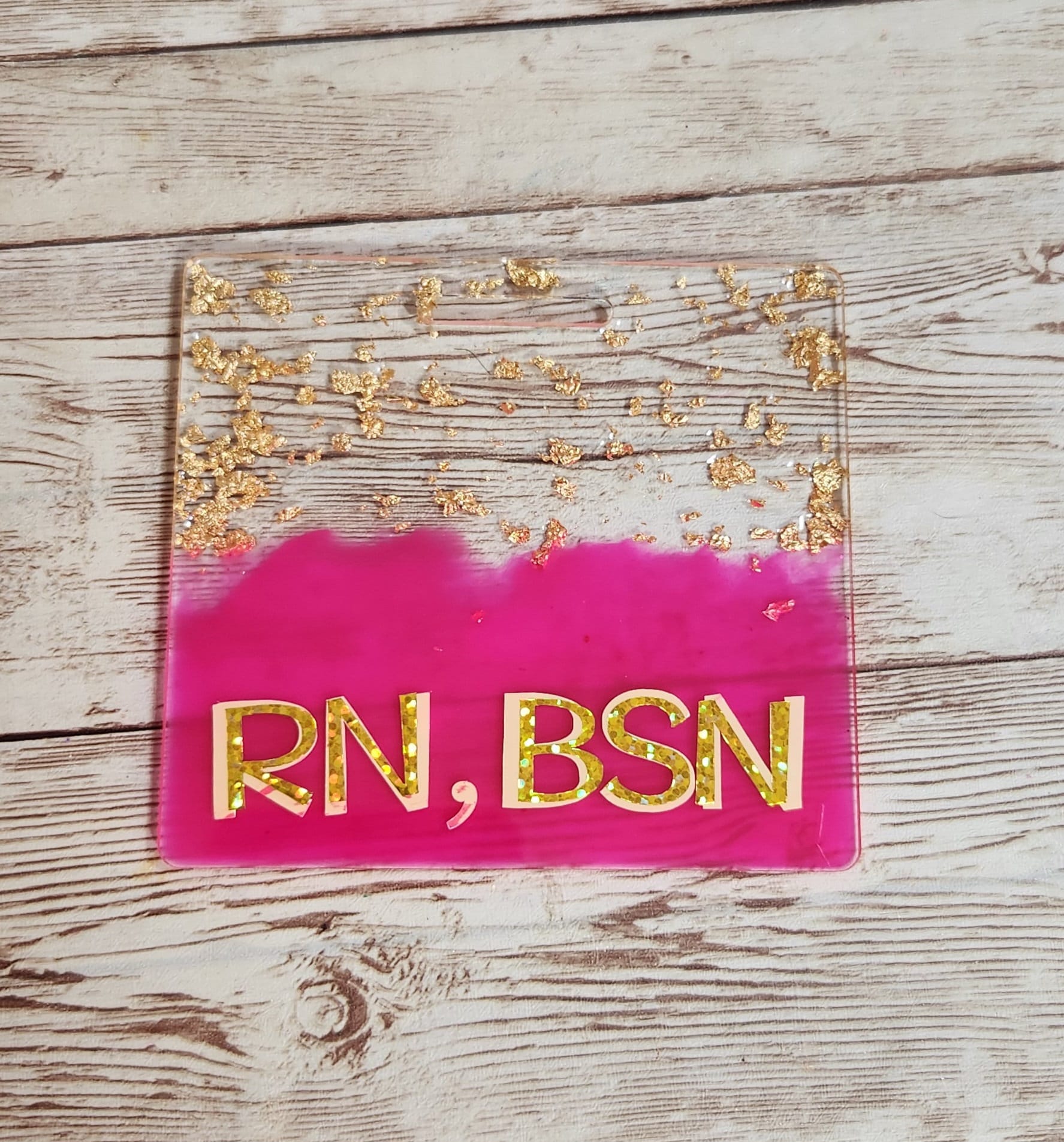 Neon Pink & Gold Foil RN, BSN Extended Horizontal Badge Buddy for Medical Professionals. Nurse Badge Buddy. Resin Glitter Badge Buddy - Glamorous Beauty & Boutique