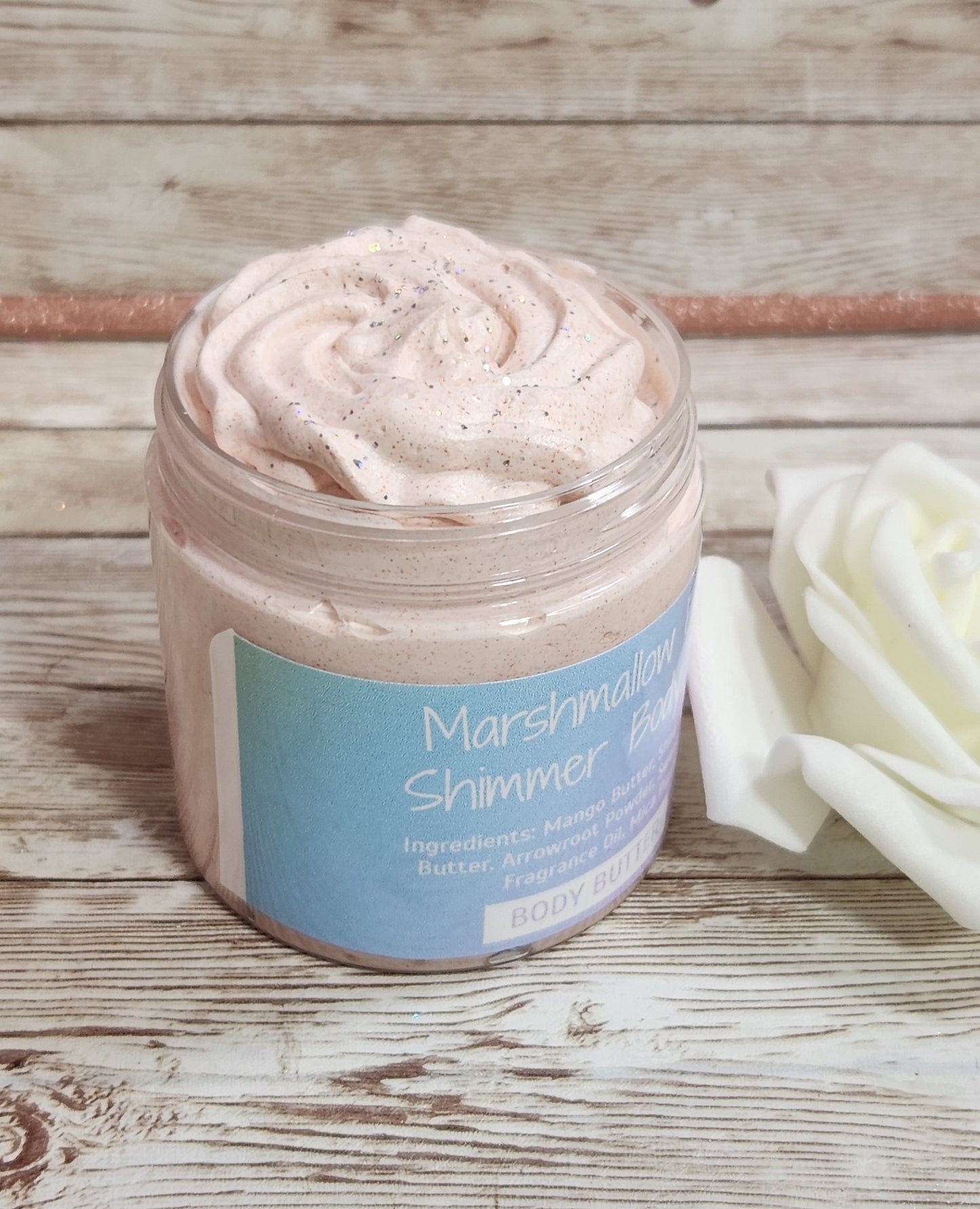 Marshmallow Fireside BBW Type Whipped Shimmer Body Butter. Handmade Shea, Avocado & Mango Butter Body Frosting. All Natural Body Butter - Glamorous Beauty & Boutique