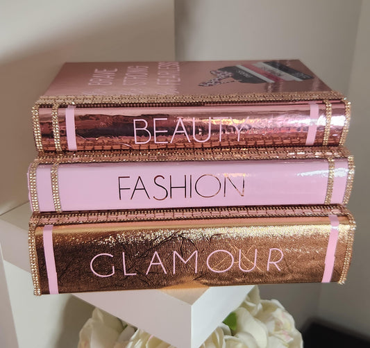 Glam Book Stack (Set of 3) Custom Coffee Table Decor. Pink, Rose Gold & Metallic Rose Gold Books, Bling Decor, Glam Decor. Makeup Room Decor - Glamorous Beauty & Boutique