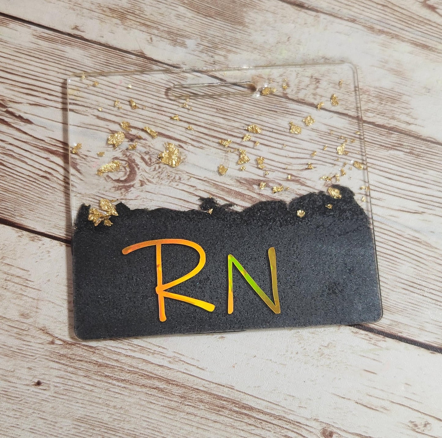 Pressed Flowers & Gold Foil Horizontal Badge Buddy for Medical Professionals. RN Nurse Badge Buddy. Acrylic and Resin Glitter Badge Buddy - Glamorous Beauty & Boutique