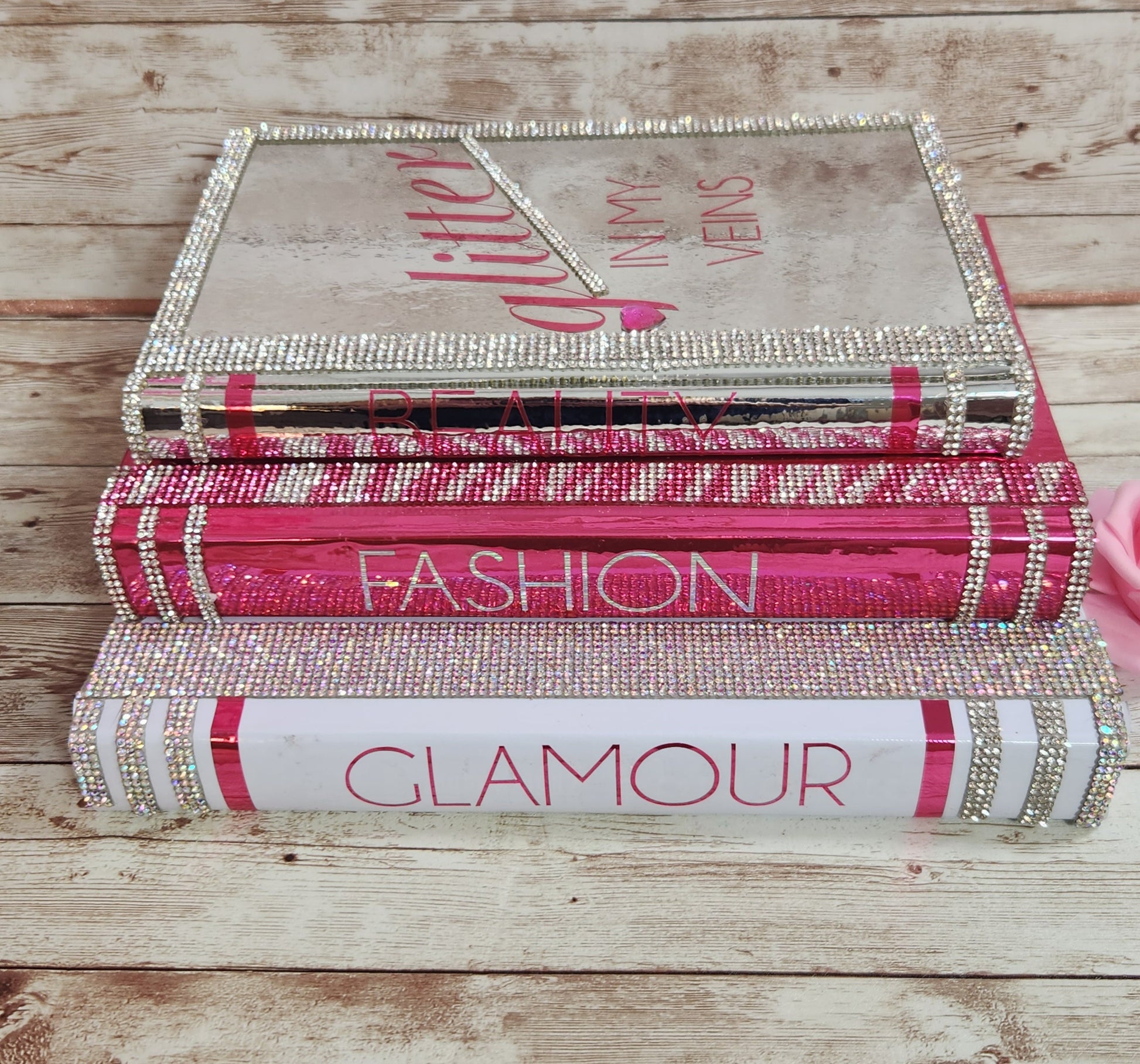 Custom Glam Coffee Table Book Stack (Set of 3). Pink, White & Metallic Silver Books, Bling Decor, Glam Decor. Makeup Room Decor - Glamorous Beauty & Boutique