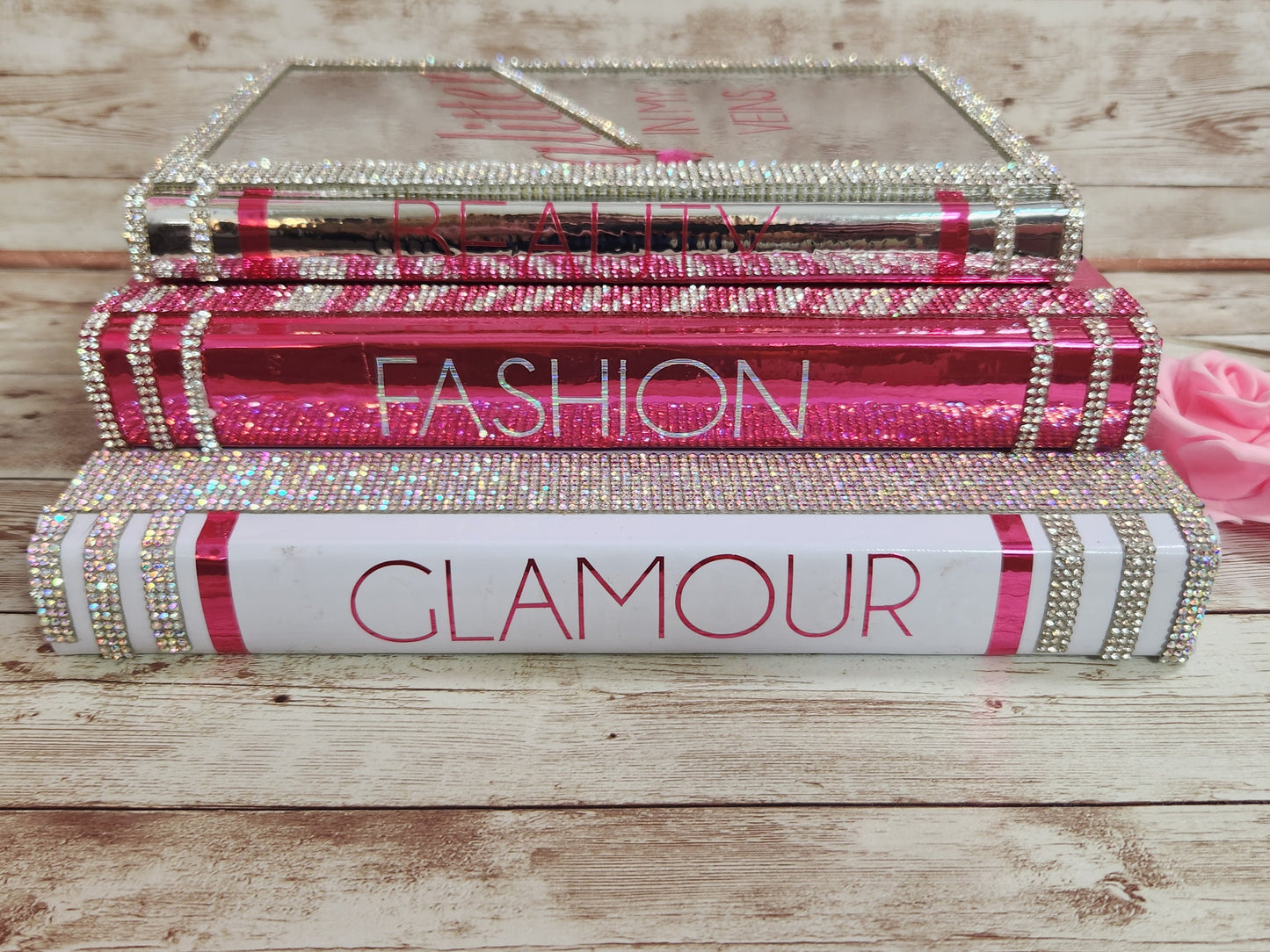 Custom Glam Coffee Table Book Stack (Set of 3). Pink, White & Metallic Silver Books, Bling Decor, Glam Decor. Makeup Room Decor - Glamorous Beauty & Boutique